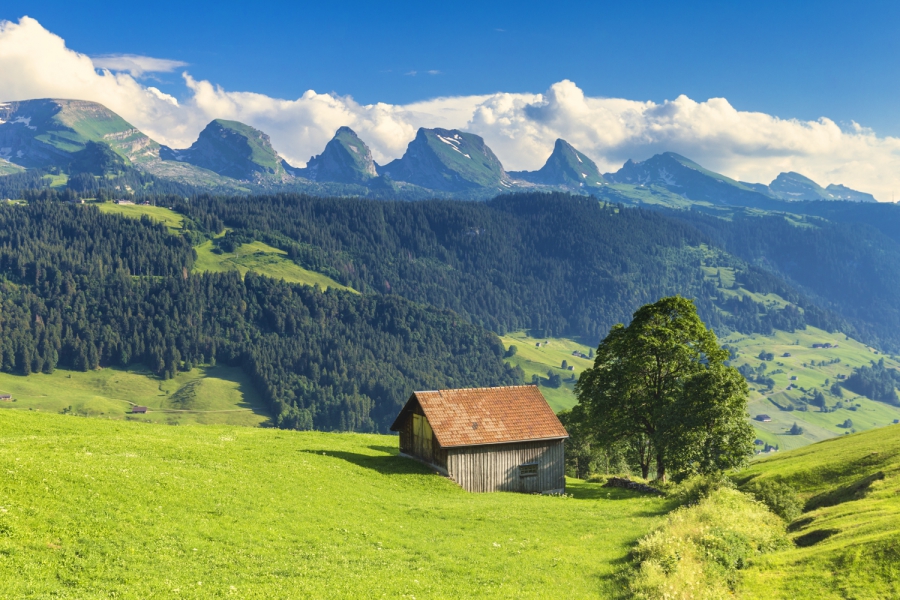 Baita solitaria con vista sul Churfirsten, Canton San Gallo, Svizzera